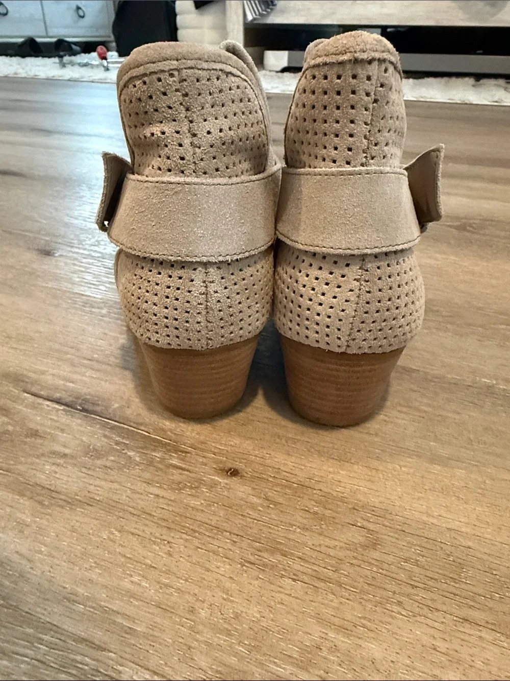 Dolce Vita Perforated Suede Ankle Booties in Taupe